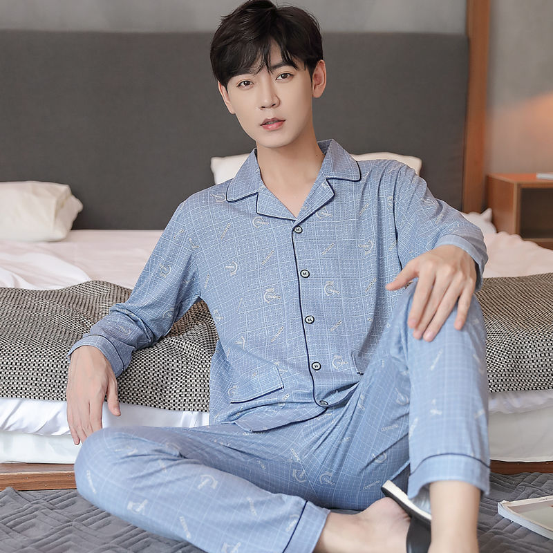 100% pijamas de algodón para hombres de verano de manga larga y corta para hombres delgados jóvenes y de mediana edad más el tamaño de primavera y otoño traje de uso en el hogar