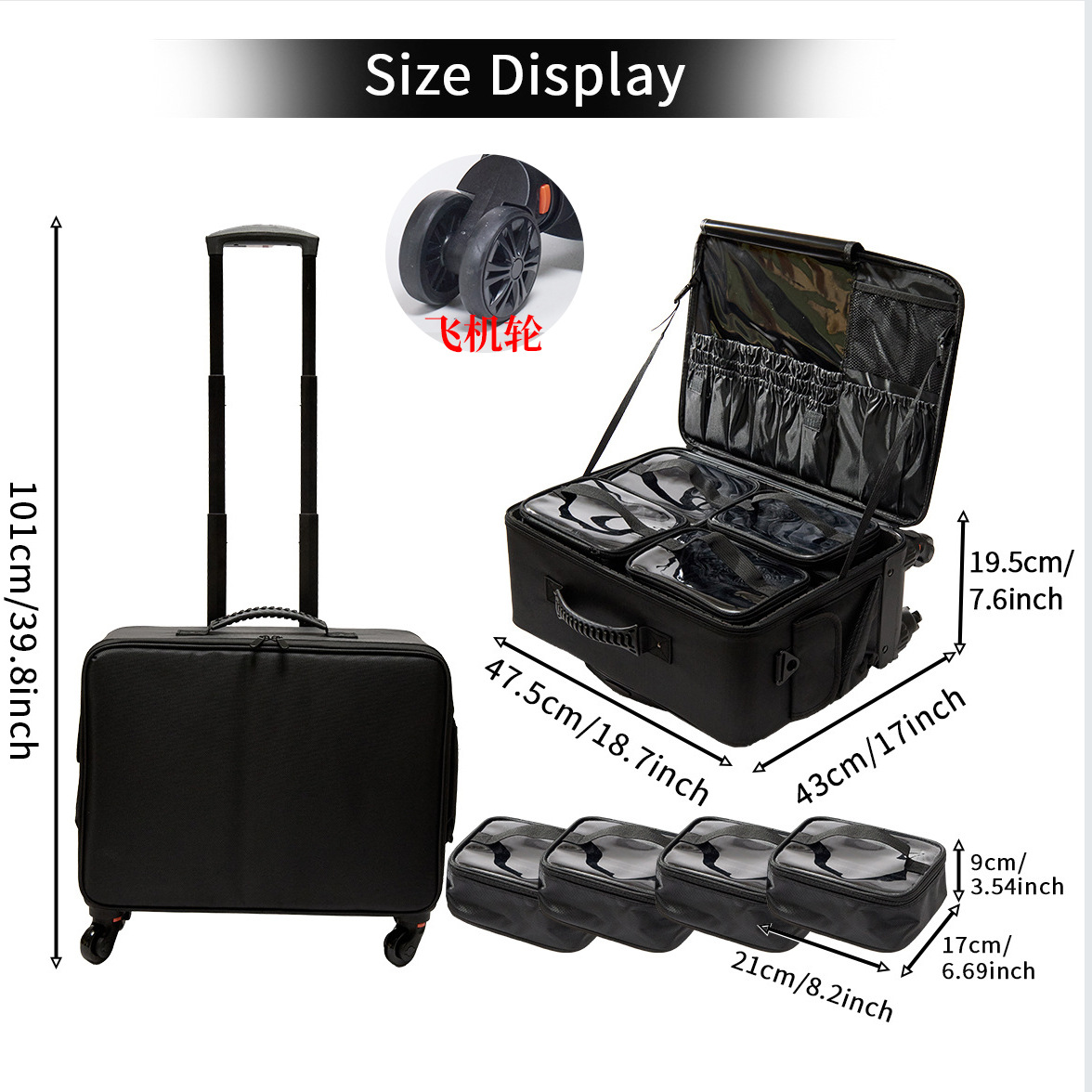 Maleta con ruedas de dos niveles + Incluye 4 bolsas organizadoras transparentes + Equipada con ruedas giratorias