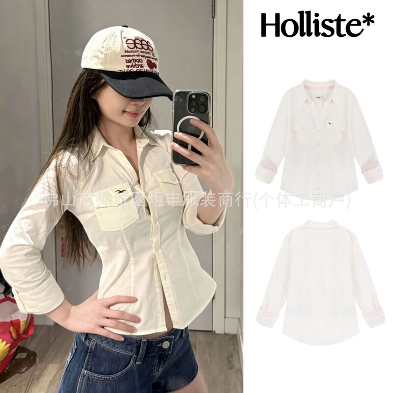 In-stock Korean Holliste* Little Seagull American retro classic embroidered cuffs color-blocked V-neck slim-fit women's shirt In-stock Korean Holliste* Little Seagull American retro classic embroidered cuffs color-blocked V-neck slim-fit women's shirt