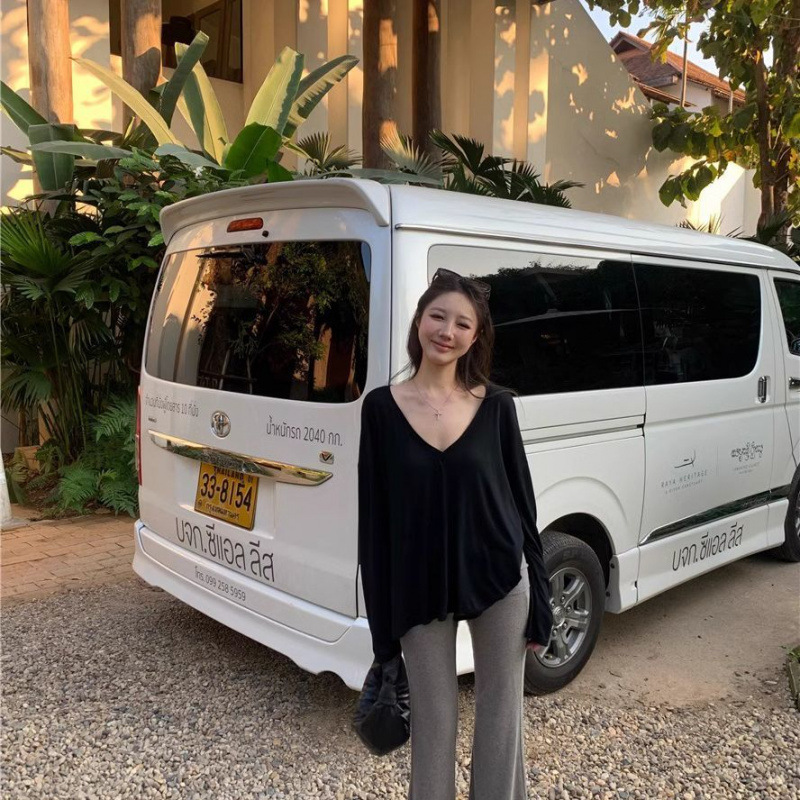 微透白色v领长袖T恤女夏季薄款宽松防晒罩衫简约chic气质百搭上衣|undefined
