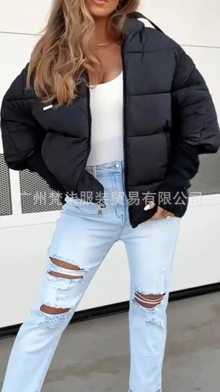 欧美跨境2025秋冬亚马逊纯色连帽羽绒服时尚抽绳休闲棉衣夹克外套|undefined