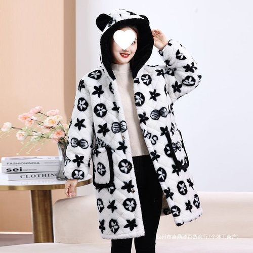 03 Women's Middle-Aged Winter Cotton Coat Overcoat Mother's Warm Cotton Padded Jacket with Fleece and Thick Hooded Cotton Quilted Workwear