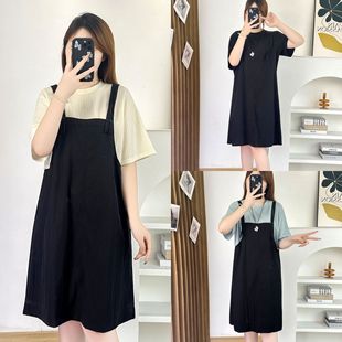 2025 plus size Women's Summer New 100.00kg Chubby Sister Thin Slim Fake Two-piece Short-sleeved dress 7156