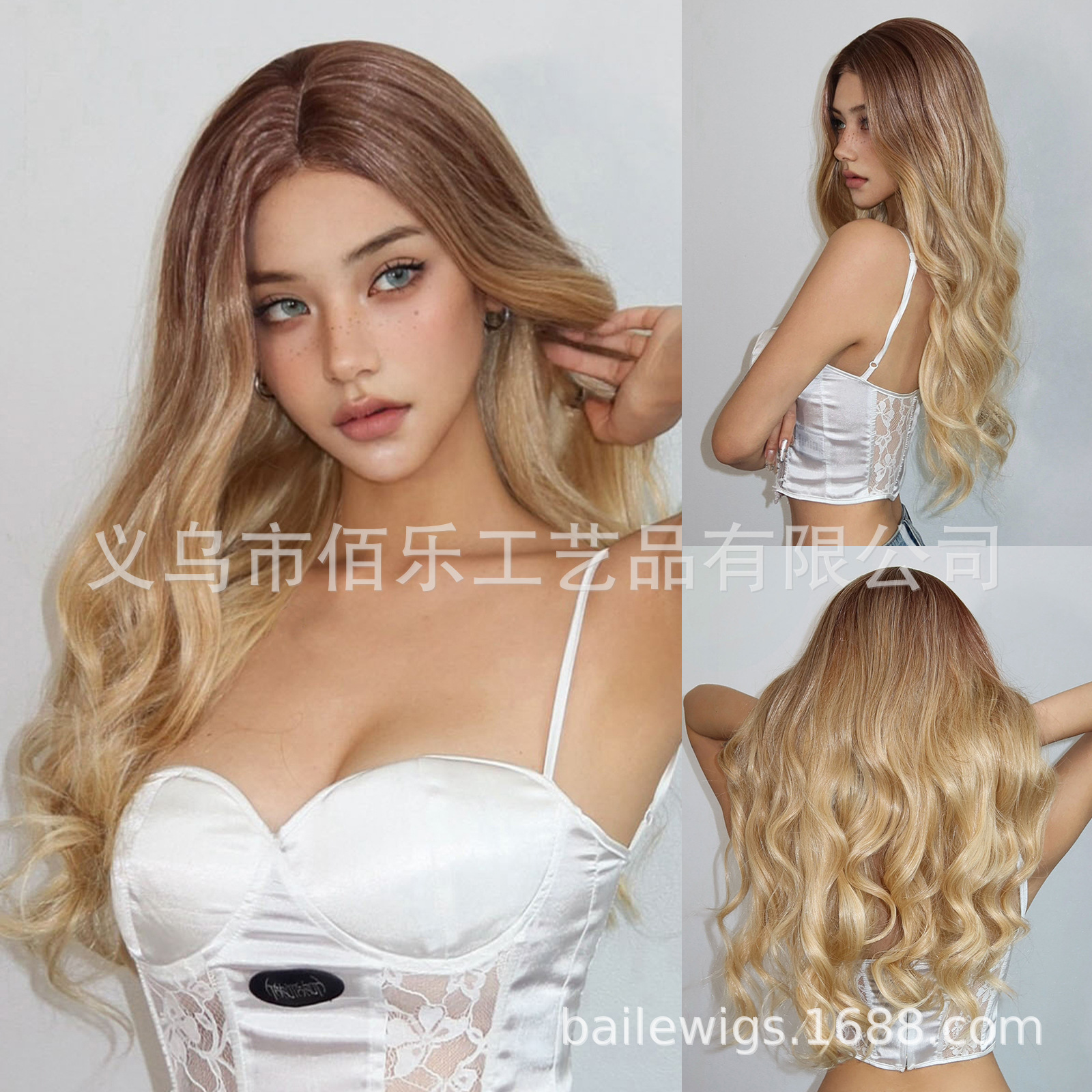 Pelucas de estilo europeo y americano cubierta de cabeza pequeña encaje dorado mediano gradiente gran onda fibra química cabello largo rizado hai