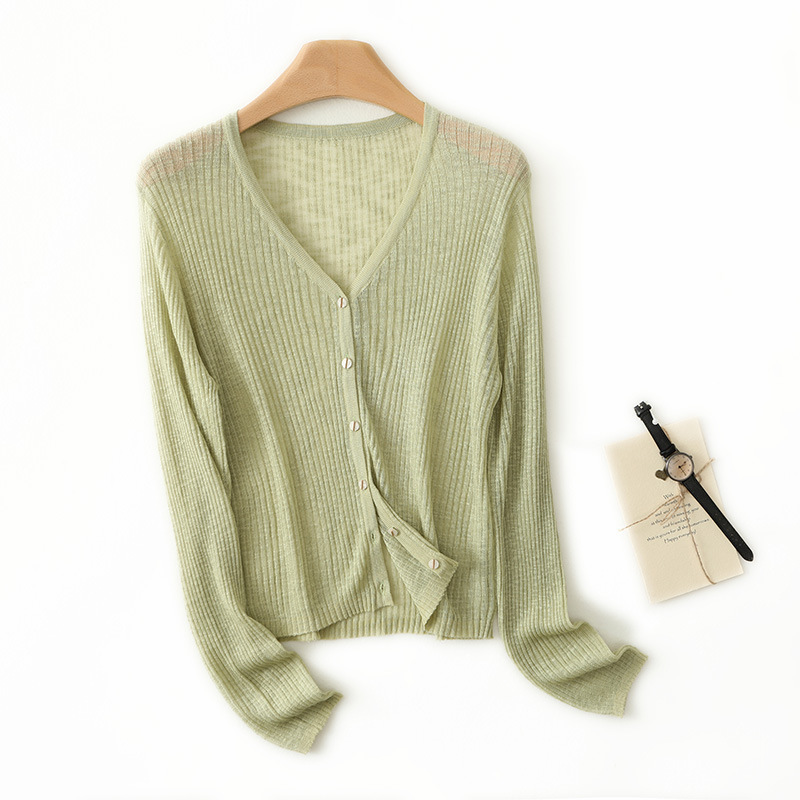 2025 Summer New Arrival Slub Knitted V-Neck Cardigan Women's Long-Sleeved Jacket Air-conditioning Shirt Loose Thin Solid Color Top