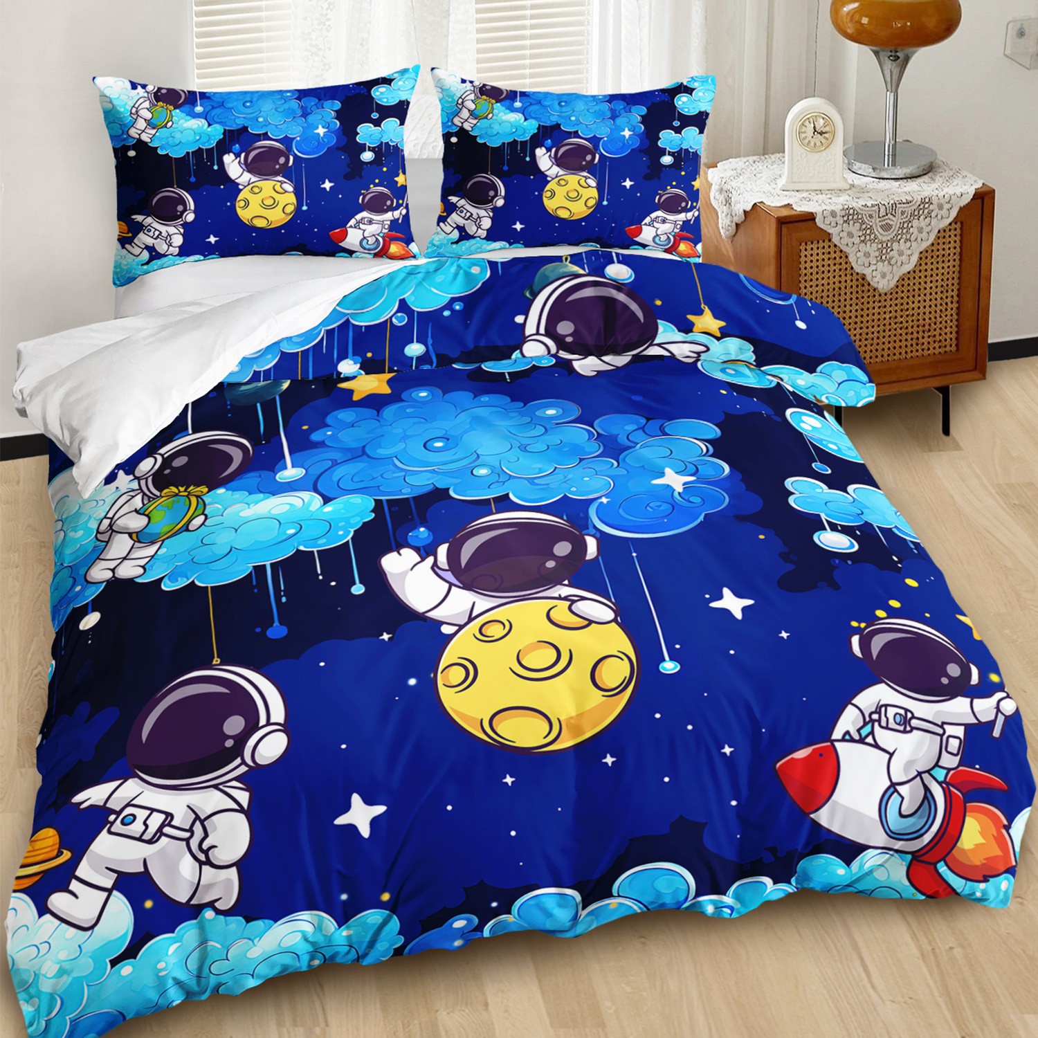 Cartoon Astronaut Digital Printed Edredon Kit Textile Transpirable Transfronterizo Fuente TEMU / JIT