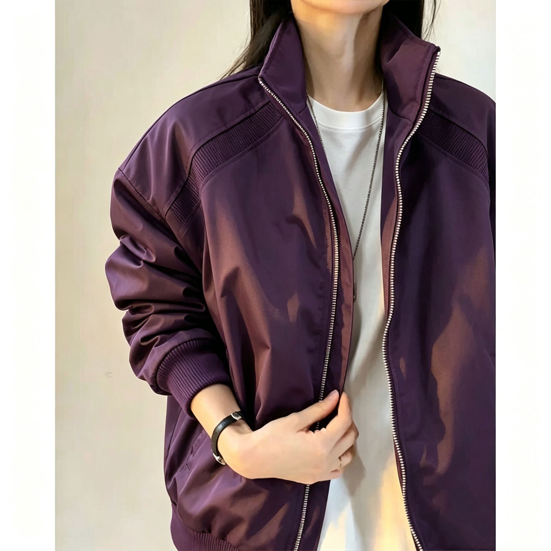 Purple stand-up collar oversized shoulder jacket, unisex, spring and autumn clean fit loose sportswear coat.