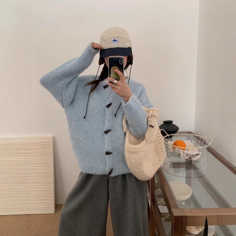 法式牛角扣针织衫外套女软糯圈圈纱毛衣开衫秋冬季小众设计感上衣|undefined