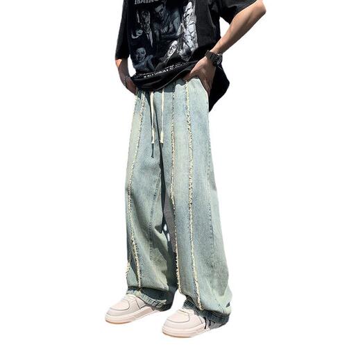Yellowish-brown wool denim jeans for men, featuring a high-street vibe and an American-style trendy brand design—summer edition, effortlessly cool, with a relaxed, loose fit and straight, wide-leg silhouette.