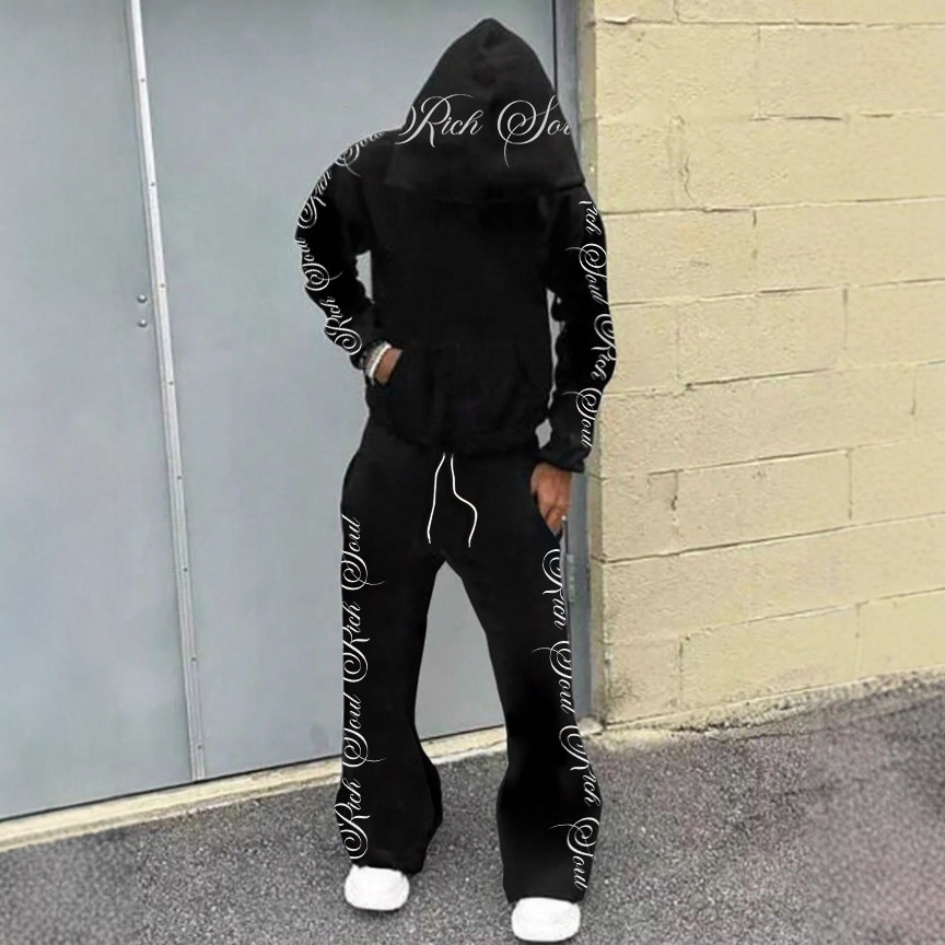 Cross-Border 2-Piece Men's Trendy Street Floral Letter Print Hooded Zipper Sweatshirt and Pants Set
