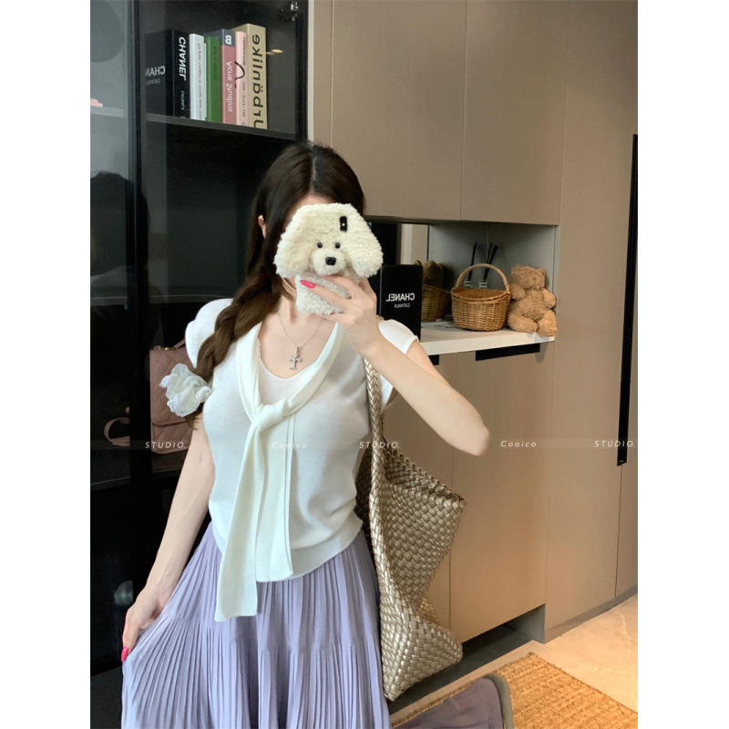 Summer New Korean Style Sweet and Spicy Girl Design with Shawl Collar Versatile Short-Sleeved Knitted Top for Women