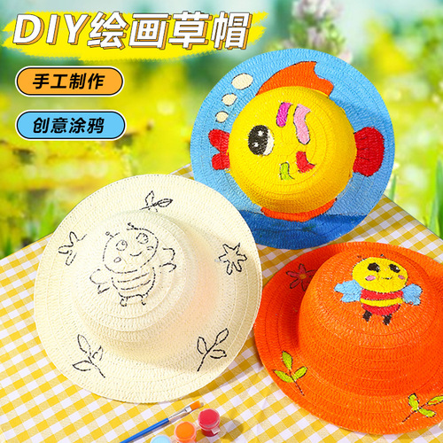 DIY Grass Hat Painting Hat for Children Kindergarten Drawing Coloring Hand-painted Scribble Coloring Creative Street Stall