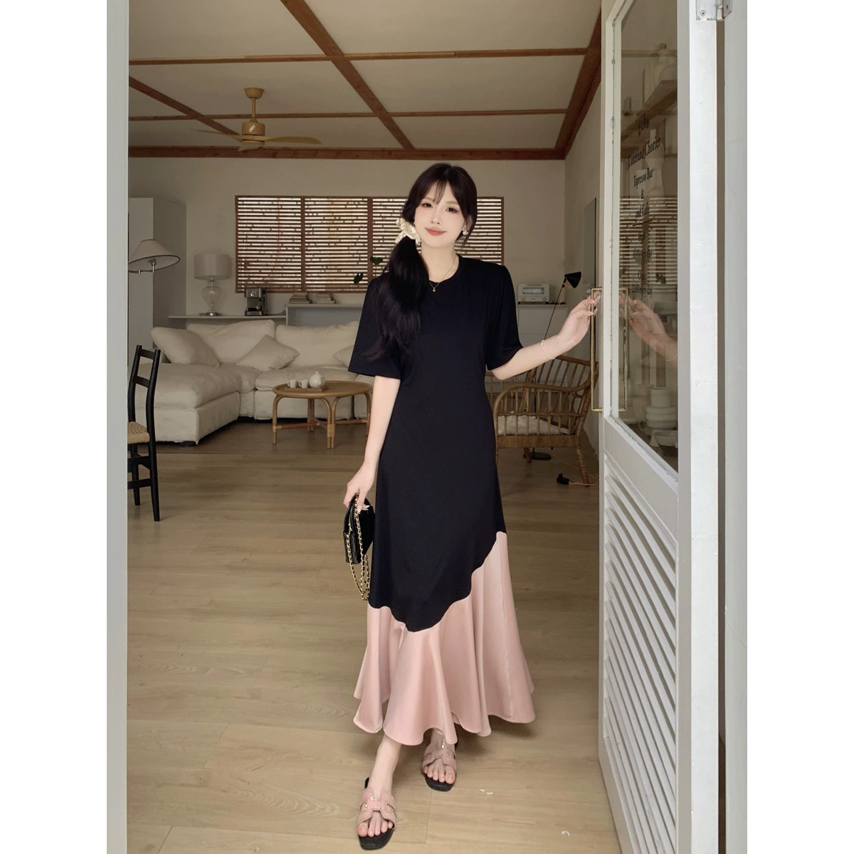 Женская летняя новая юбка больших размеров в Корейском стиле для похудения контрастного цвета, уникальное и красивое платье