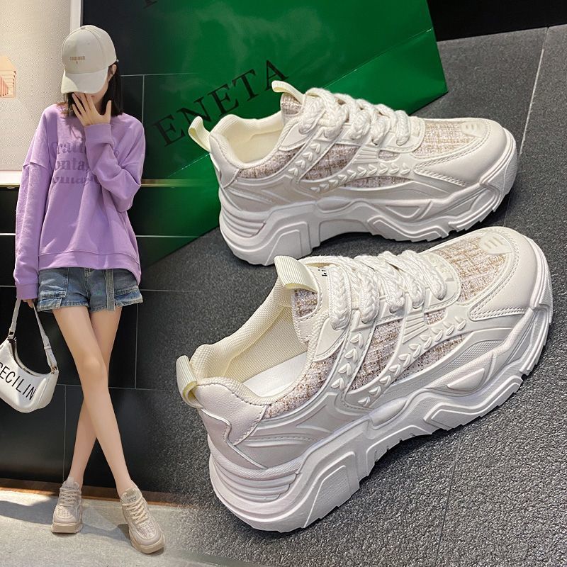 Papá zapatos mujer ins marea primavera 2025 nuevos zapatos de mujer de suela gruesa transpirables zapatos casuales blancos deportivos de todo fósforo