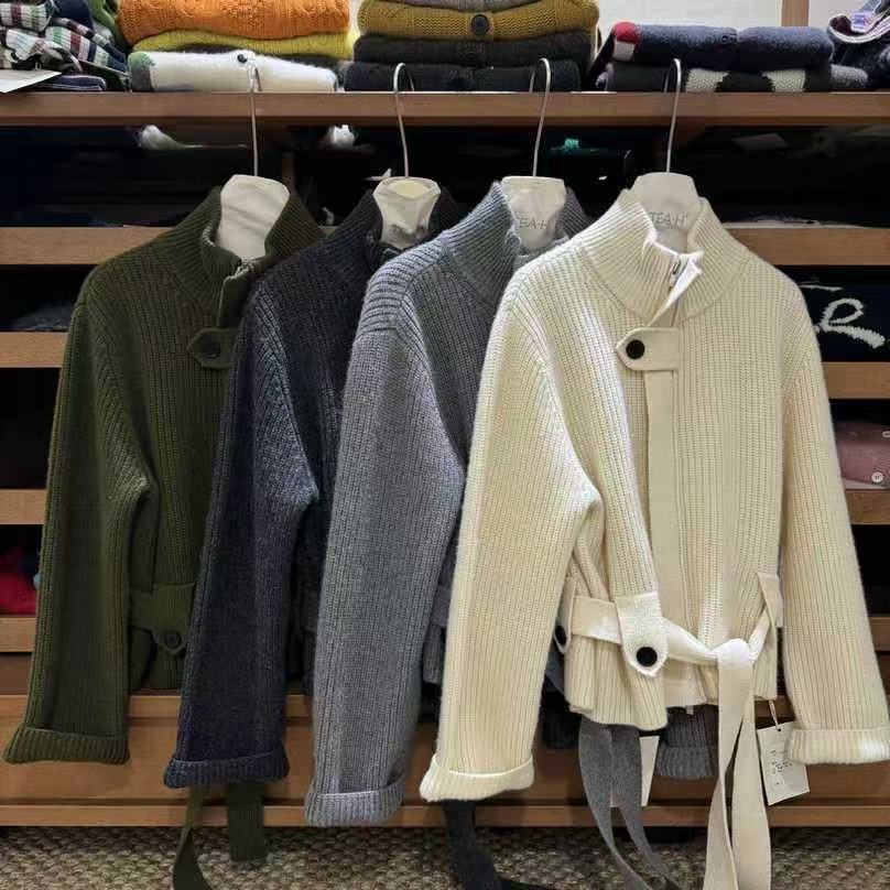 韩版系带收腰针织衫新款设计2025立领秋冬毛衣高领外套上衣浅灰色