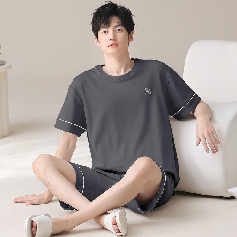 Pure Cotton Pajamas for Men, Summer New Style, Short-Sleeved Shorts, Round Neck Pullover, Casual Solid Color, Large Size, Loose-Fitting Home Wear Set