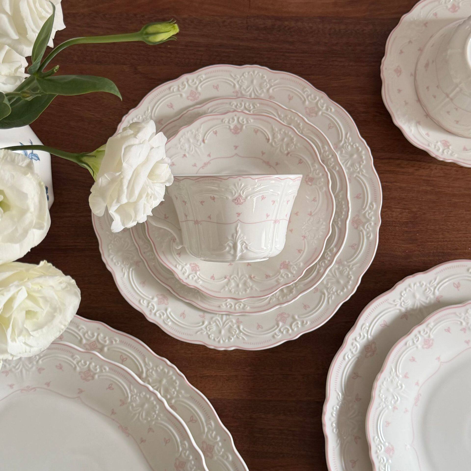 French-Style Romantic Pink Embossed Floral Ceramic Tableware Ceramic Plate Dessert Salad Soup Plate Dinner Plate Bowl Coffee Cup Saucer