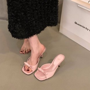 2025 New Summer Style Square-Toe Fairy Bow High-Heeled Slippers with Stiletto Heels and Outer Wear Sandals for Women