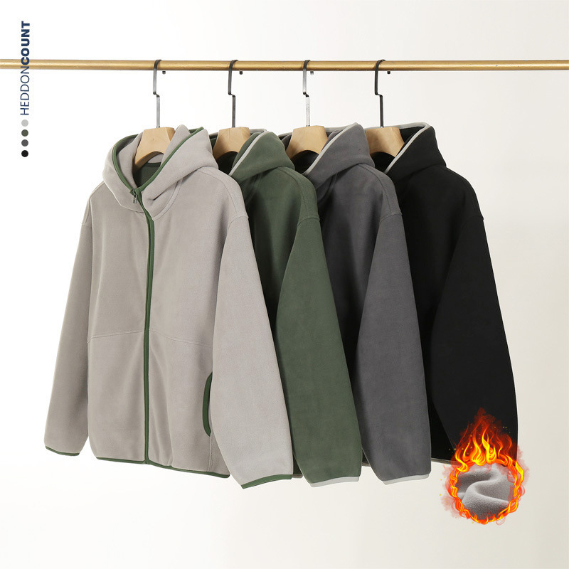 Hooded Sweater Men's Outdoor Polar Fleece Cardigan Warm Winter Clothes Jacket Color-blocked fleece-lined Jacket Zipper Sweater