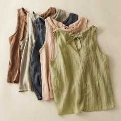 實拍2024夏季新款純色褶皺天絲小背心文藝復古棉麻寬鬆無袖上衣女
