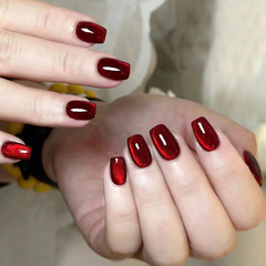 X279假指甲貼片可拆卸穿戴甲秋冬新款酒紅色貓眼手工封層光療美甲