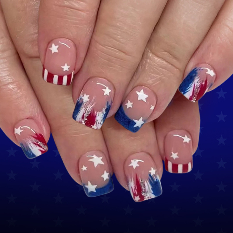 Short Glossy Square Nails with French Stripes in Red and Blue, Featuring Independence Day Star Design, 24 Pieces