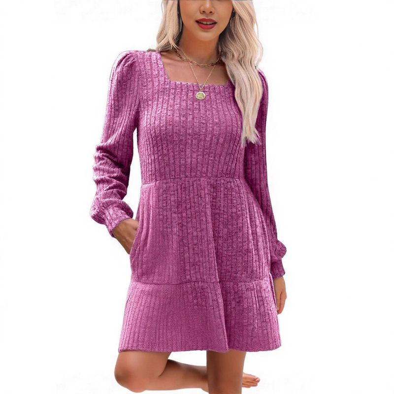 European and American Cross-Border Autumn and Winter New Textured Casual Long-Sleeved Square Tie Pocket Dress, Knitted Sweater Lining European and American Cross-Border Autumn and Winter New Textured Casual Long-Sleeved Square Tie Pocket Dress, Knitted Sweater Lining