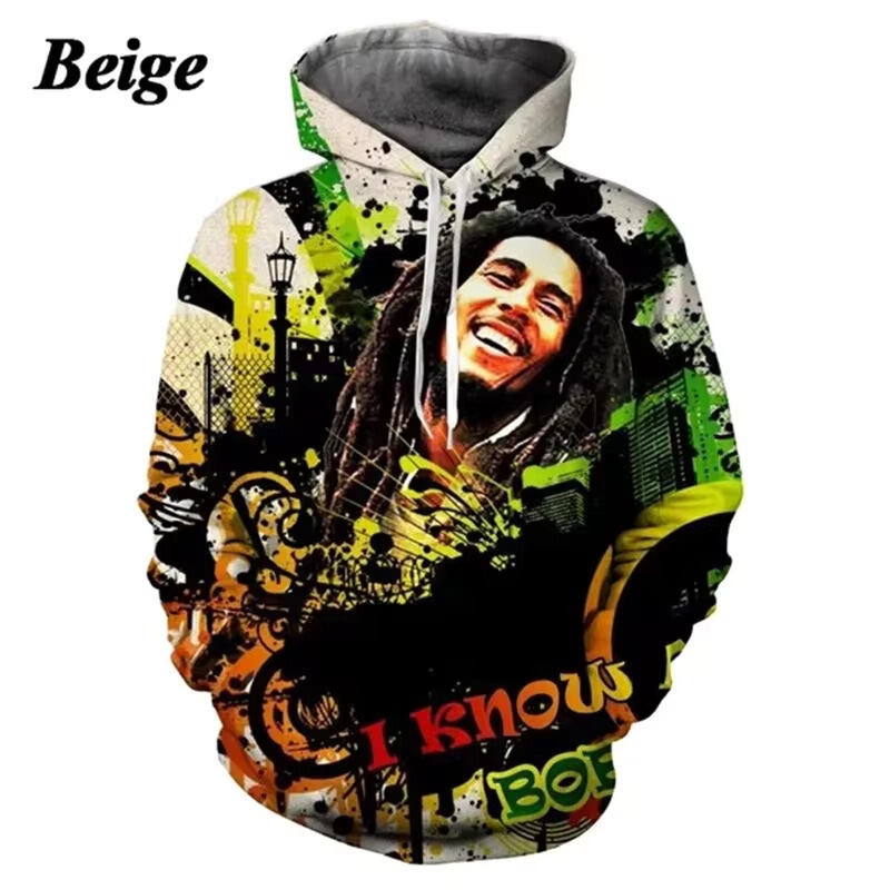 【3D】Bob Marley Raggie hoodie is a men's 3D printed rock and hip-hop sweatshirt top available for order