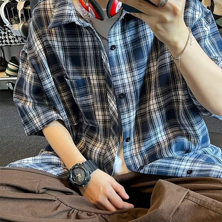 Plaid Short-sleeved Shirt Men's Summer Japanese Style Retro Loose Casual Half-sleeved Shirt American Style High Street Fashion Brand Jacket