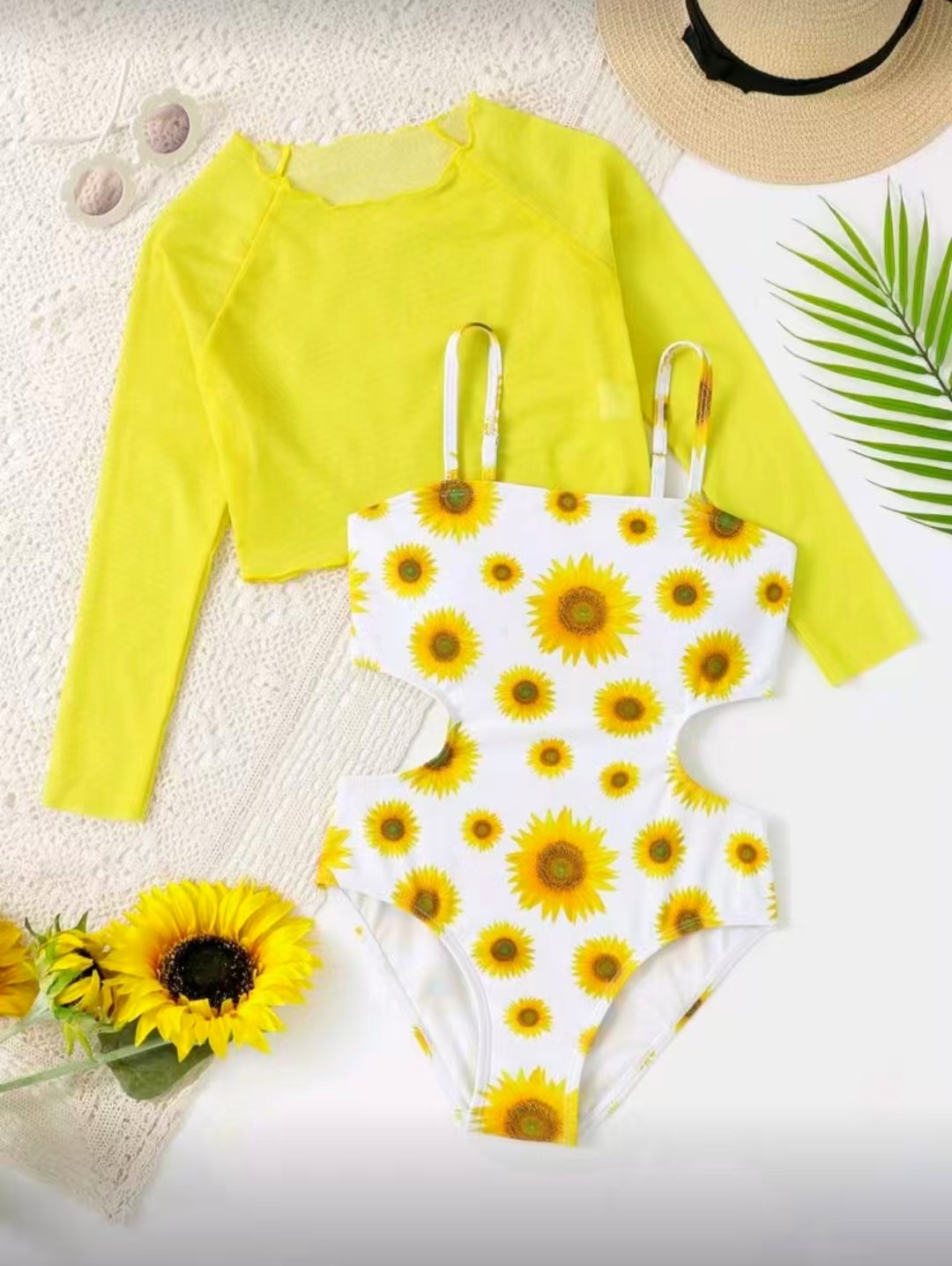 Modischer einteiliger Badeanzug für Mädchen, zweiteiliger Badeanzug mit Sonnenblumenmuster aus Mesh für Kinder (3-7 Jahre)_voghion.com