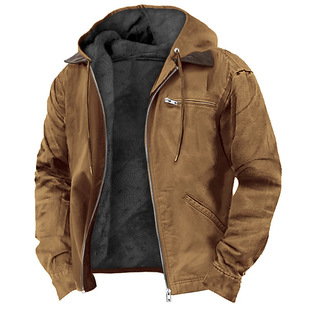 Europe and the United States cross-border e-commerce for solid color hooded cotton-padded jacket casual men's fleece-lined zipper pocket jacket coat