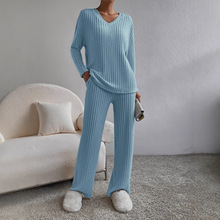 欧美新款2023秋冬季时尚休闲v领长袖上衣宽松女装长裤套装两件套