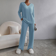 欧米の新型2023秋冬のファッションカジュアルvネック長袖上着のゆったりした婦人服のズボンのスーツの2つのセット