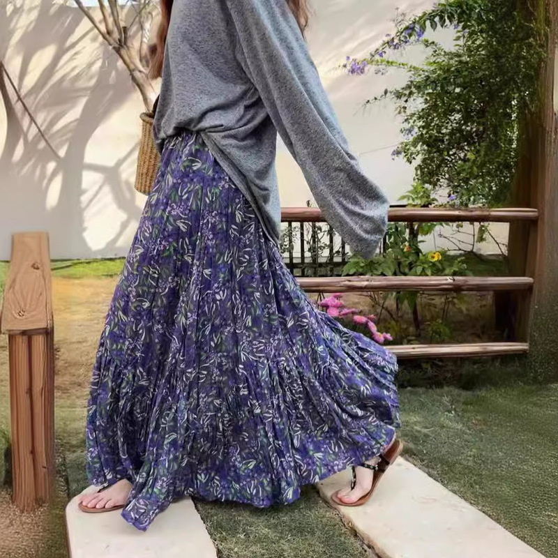 French Style Floral Skirt Pleated Floral Large Swing Skirt Women's Summer Loose-fit High Waist A- line Long Skirt