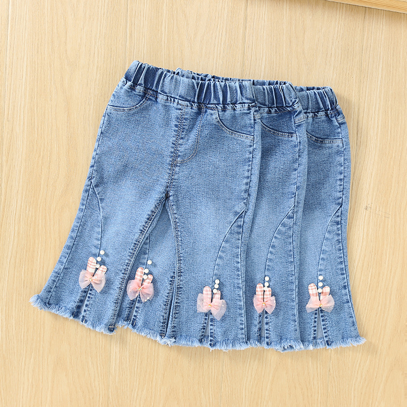 New popular foreign trade washed girls' jeans for 1-5 year old toddlers, little girls' bunny denim bell-bottom pants