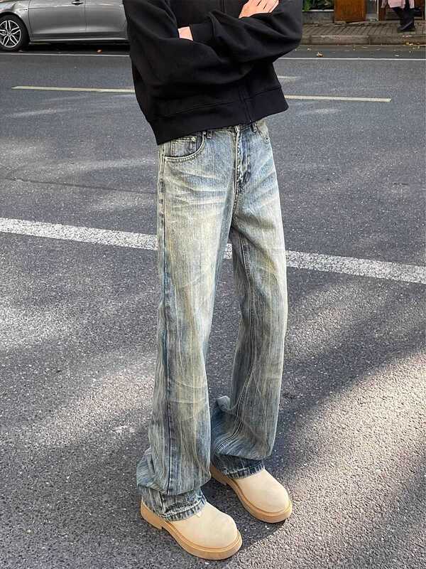 アメリカンレトロブルーブーツカットジーンズメンズサマーウォッシュ加工サソリパンツルーズでハンサムなストレートパンツ|undefined