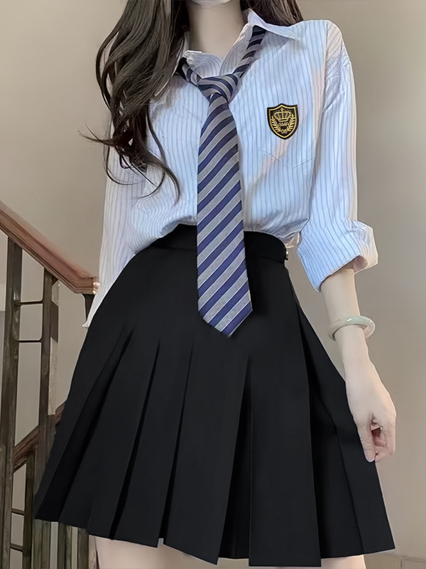 蓝色条纹衬衫上衣女春秋外穿百搭学院风韩系衬衣jk制服百褶裙套装|undefined