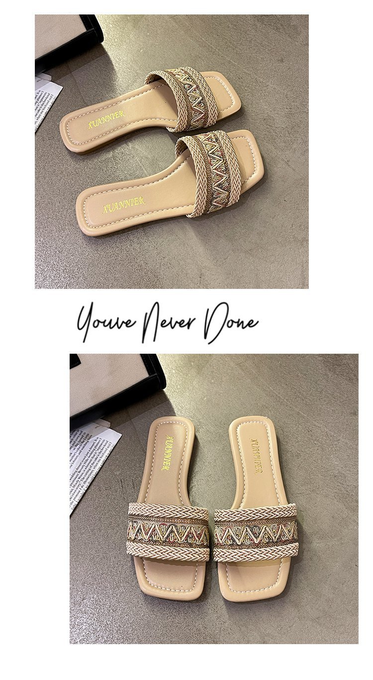Große einreihige Hausschuhe mit flacher Sohle für Damen im ethnischen Stil, gewebte Strandsandalen mit quadratischer Zehenpartie_voghion.com