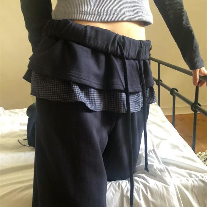 韩国东大门2024女秋冬季日系可爱小格子荷叶拼接裙裤松紧腰休闲裤