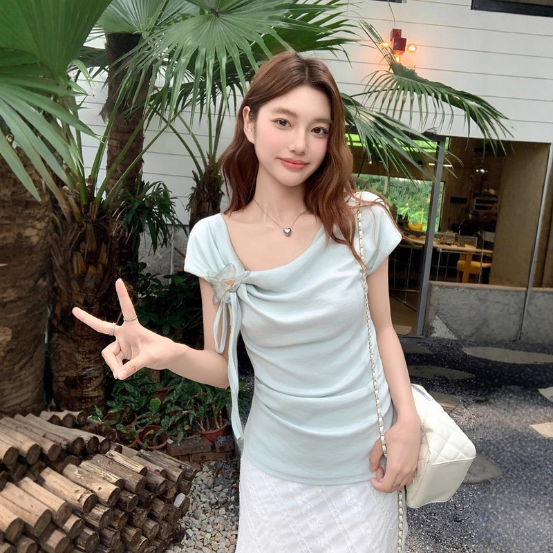 フレンチスイングカラー斜め肩立体リボン半袖Tシャツレディース2025年夏シーズン新作不規則スリムシックトップス|undefined