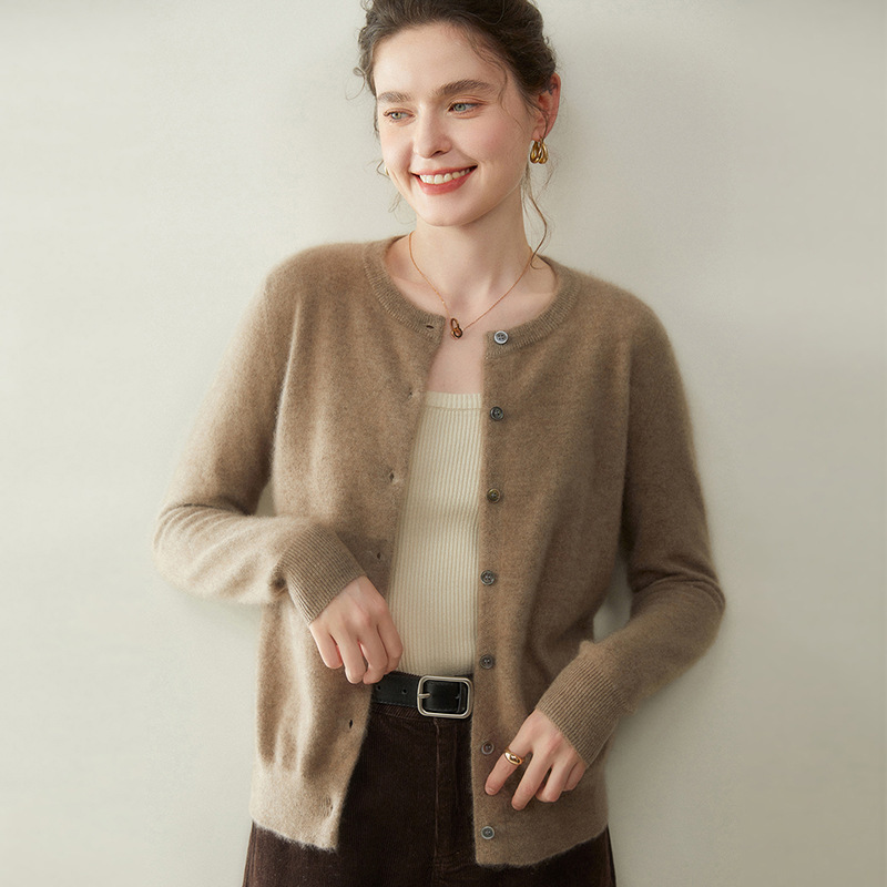 25 New Autumn and Winter Cashmere Sweater Women's Cardigan Round Neck Pure Color Versatile Cashmere Sweater Knitted Jacket Loose Top