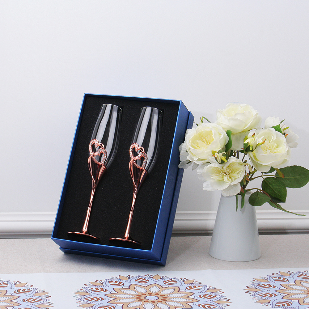 Boda amor champán vidrio base de acero inoxidable con cristal diamante transparente copa de vino espumoso