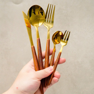 Gold Wooden Handle Stainless Steel Steak Knife and Fork Vintage Portuguese Western Tableware Set Dessert Spoon Fork