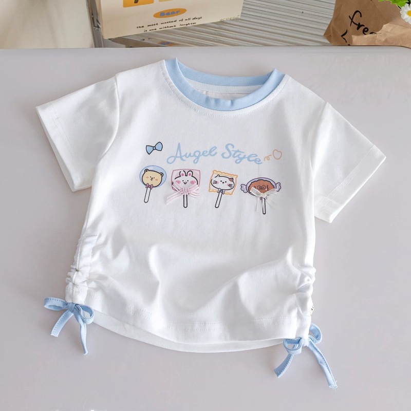 綿 100% 女の子半袖 Tシャツ漫画夏の新しいかわいい巾着スタイル半袖女の赤ちゃんカラーブロックトップ|undefined