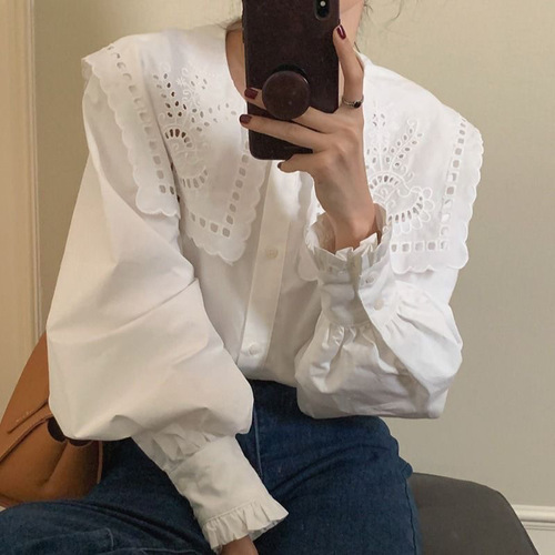 French cut-out embroidery collar single-breasted fashionable youthful white women's inner top Korean style
