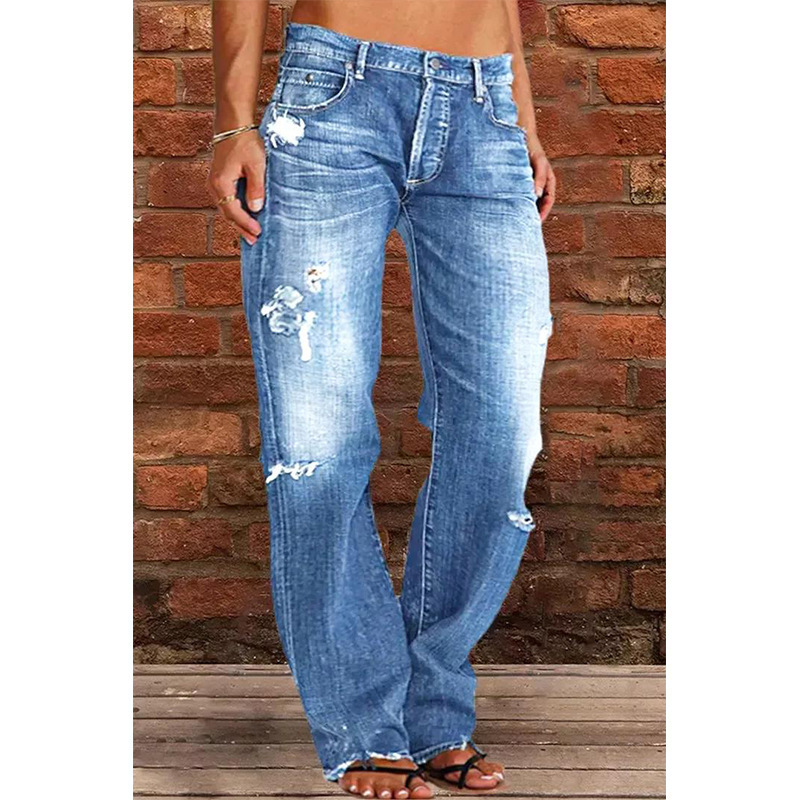 Cross-Border Foreign Trade Women's Denim European And American Trend Mid-Waist Ripped Casual Straight Pants Factory_ecoleips.com