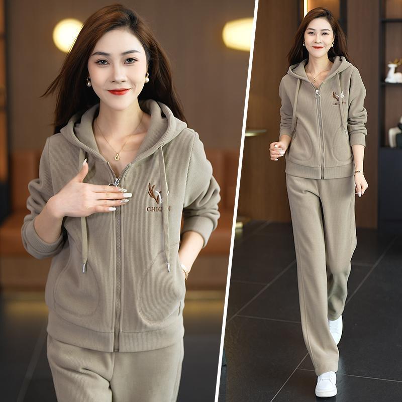 加绒加厚新款冬季休闲洋气宽松连帽卫衣运动服套装妈妈两件套冬天|undefined