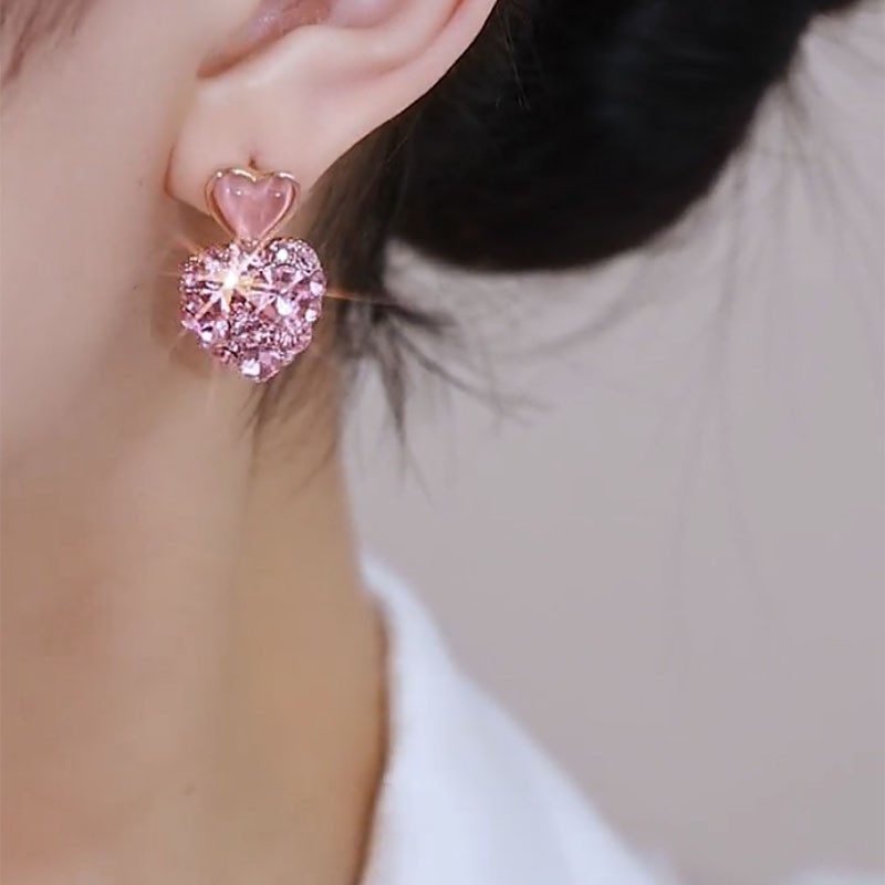S925 aguja de plata exquisito diamante completo Rosa melocotón corazón encantador aretes 2023 nueva moda dulce temperamento pendientes