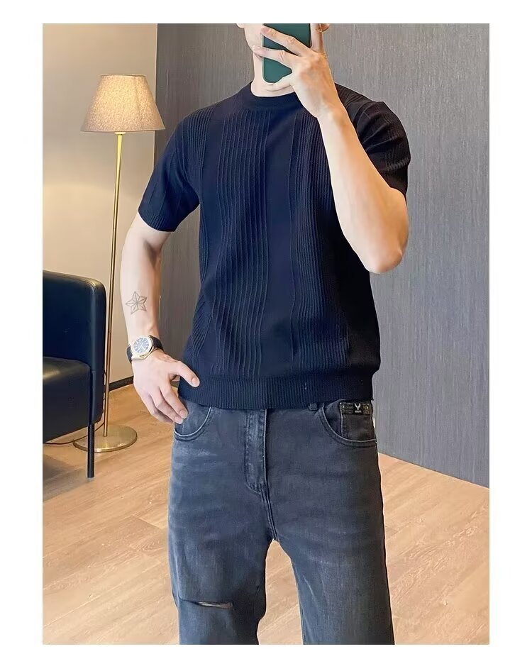 Men's Slim Fit Ice Silk Knit T-Shirt Short Sleeves Round Neck Summer Style Vertical Stripes Mature Simple Design_viptrois.com