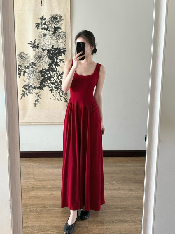 ヘプバーン風レトロUネックバックレス美しいロングドレスラストレッドハイウエスト足首丈ノースリーブドレス|undefined